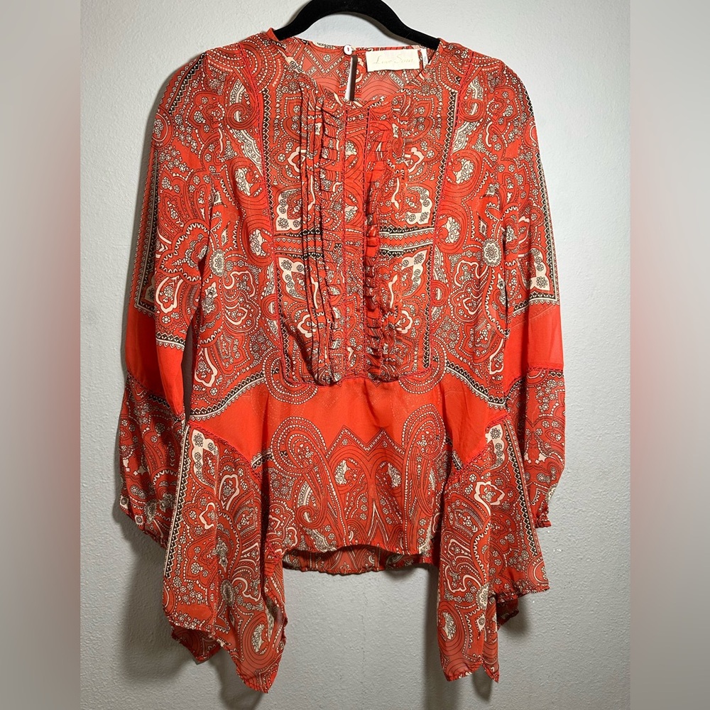 Love Sam Orange Paisley asymmetrical Blouse in size XS Y2K style.